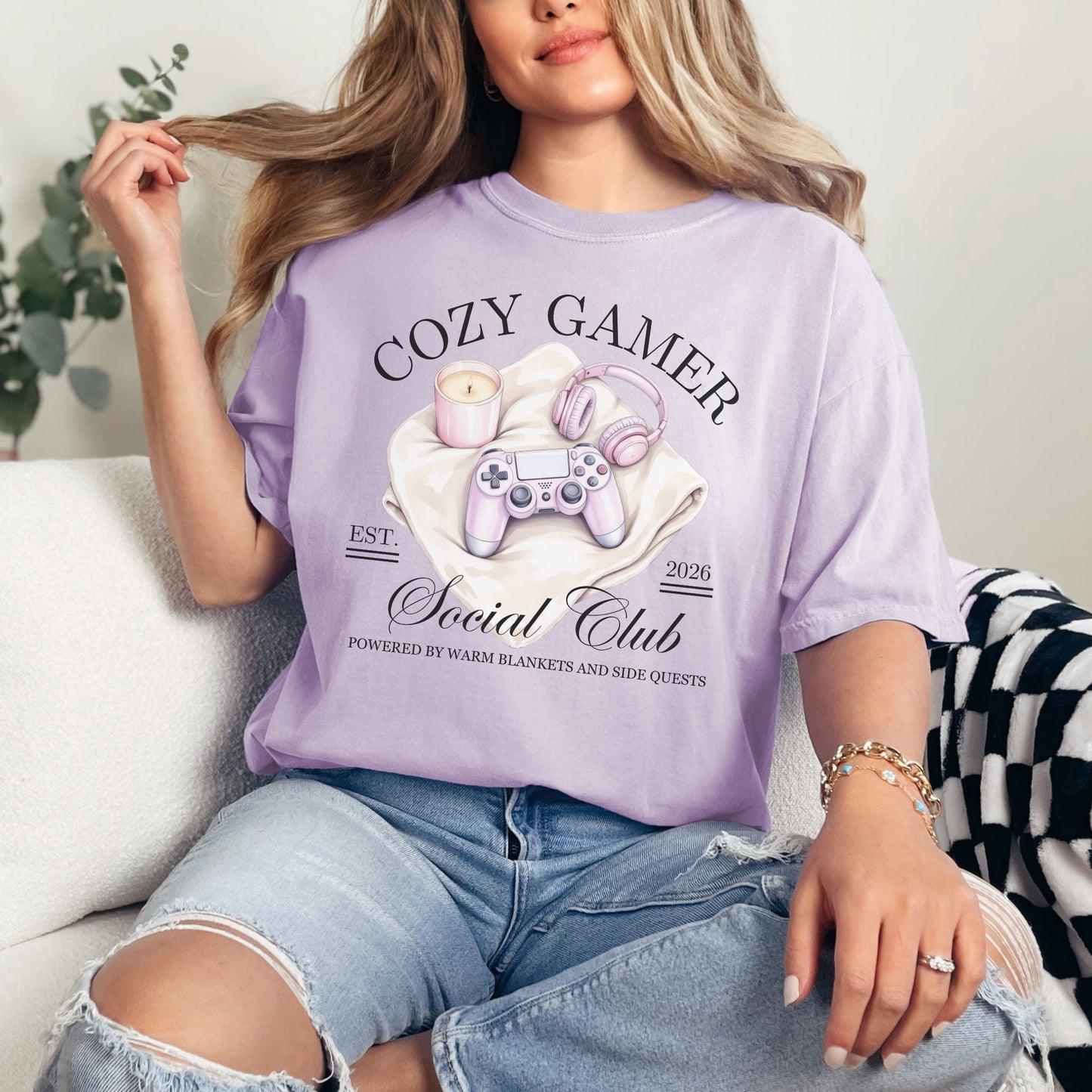 “Gamer Social Club" graphic on soft purple (orchid) t-shirt.