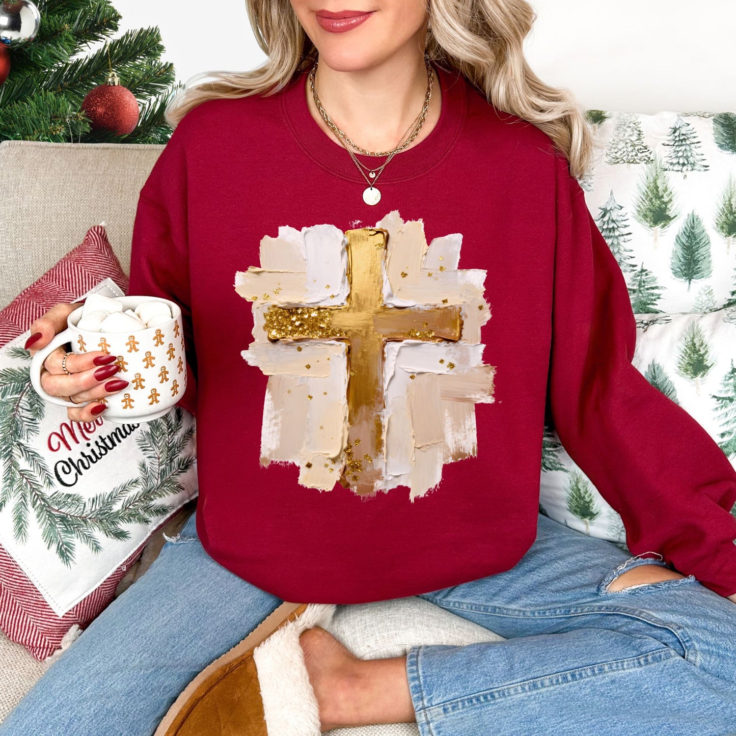 "Gold Christmas Cross" graphic on dark red (cardinal red) Gildan 18000 Sweatshirt.