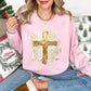 "Gold Christmas Cross" graphic on soft pale pink (light pink) Gildan 18000 Sweatshirt.