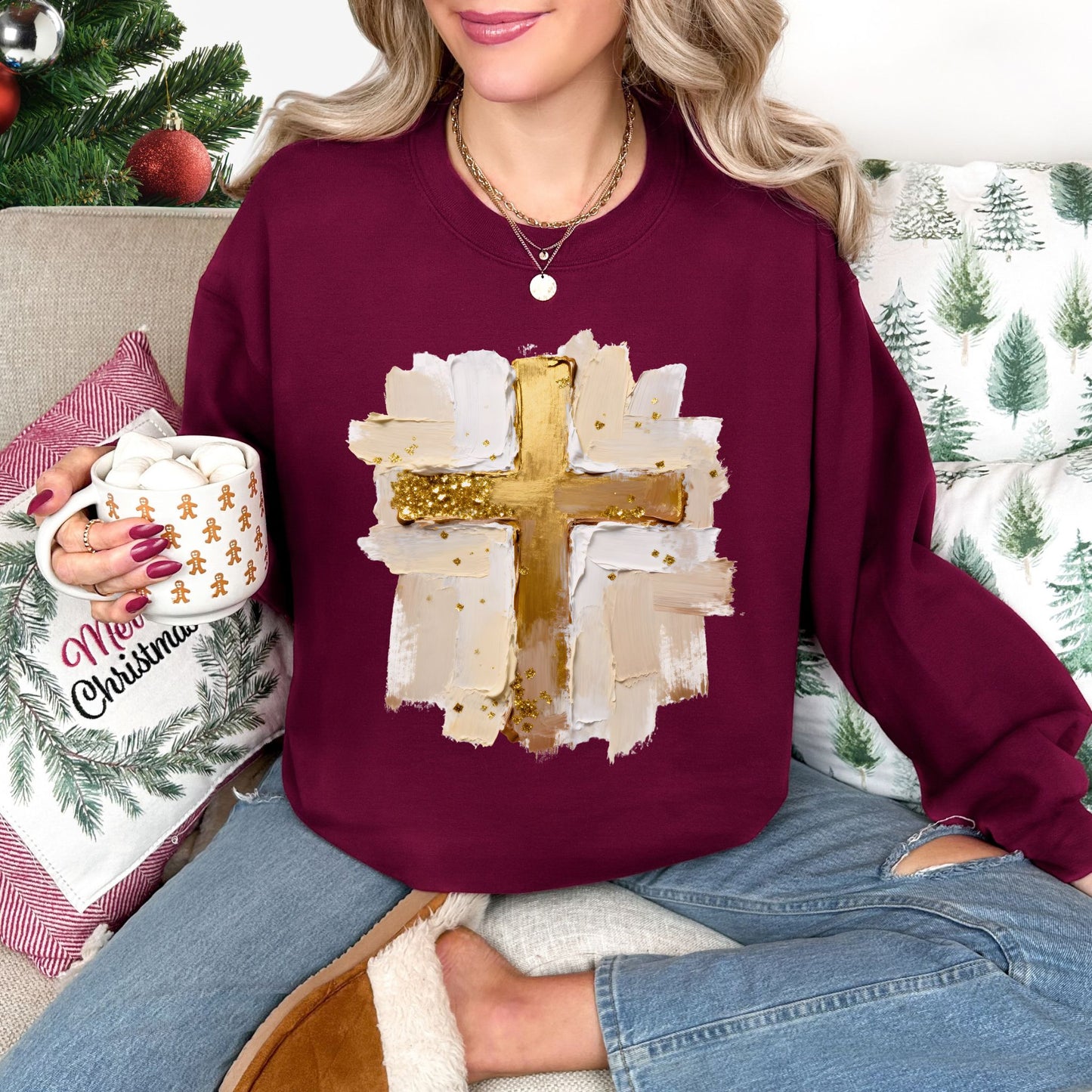 "Gold Christmas Cross" graphic on deep red (maroon) Gildan 18000 Sweatshirt.