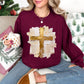 "Gold Christmas Cross" graphic on deep red (maroon) Gildan 18000 Sweatshirt.