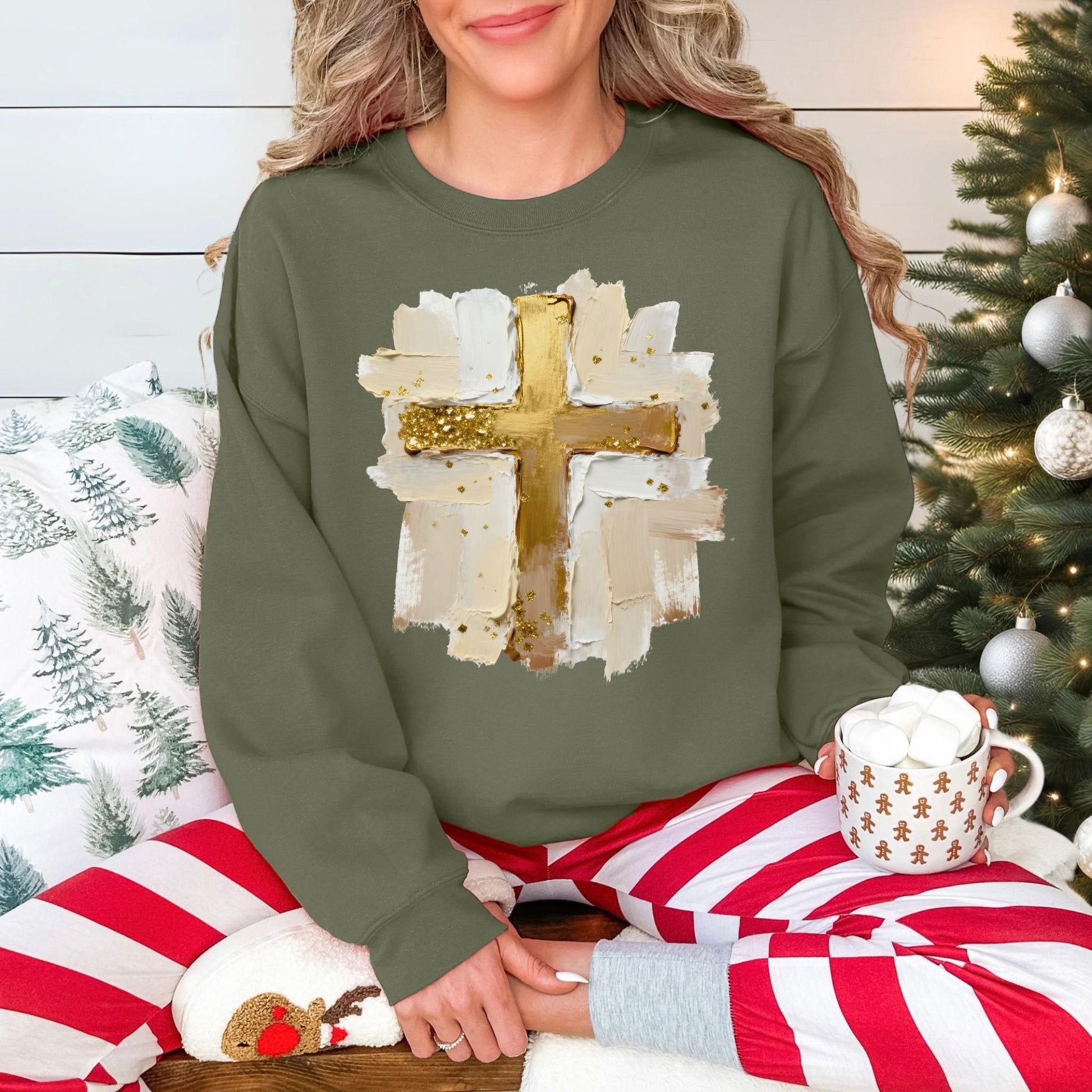 "Gold Christmas Cross" graphic on muted olive green (military green) Gildan 18000 Sweatshirt.
