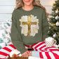 "Gold Christmas Cross" graphic on muted olive green (military green) Gildan 18000 Sweatshirt.