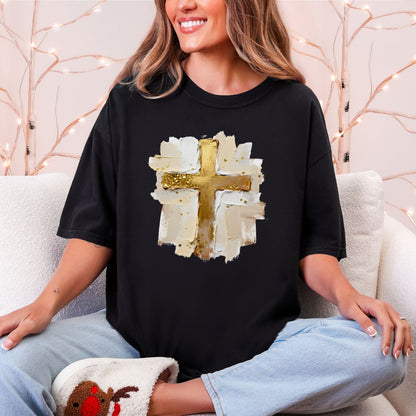 "Gold Christmas Cross" graphic on a Comfort Colors 1717 t-Shirt on Black.