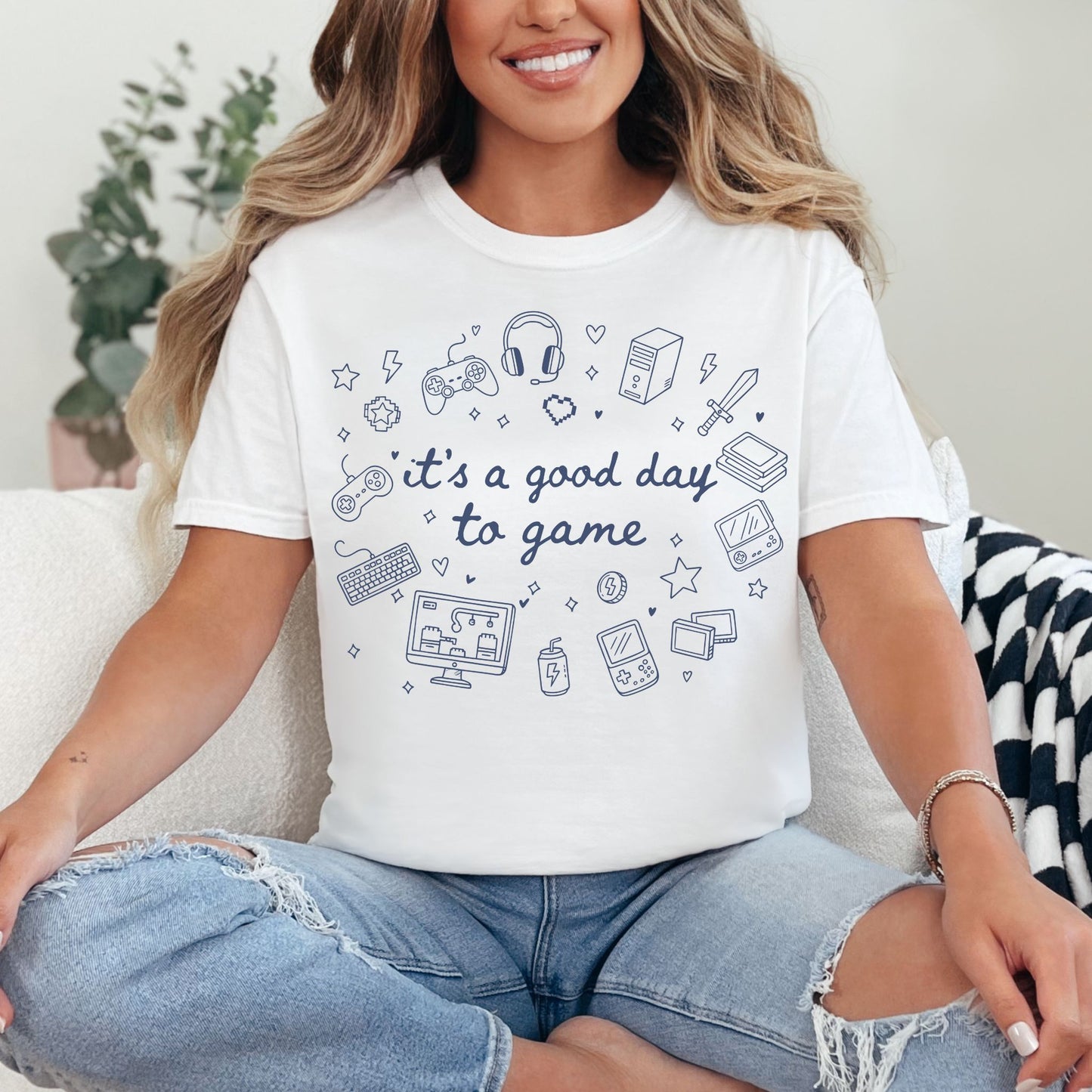 "Good day to game" graphic on bright white (white) T-Shirt.