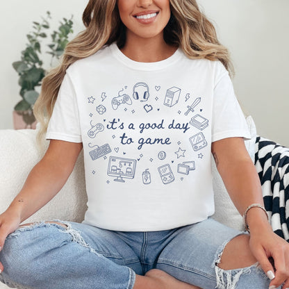 "Good day to game" graphic on bright white (white) T-Shirt.