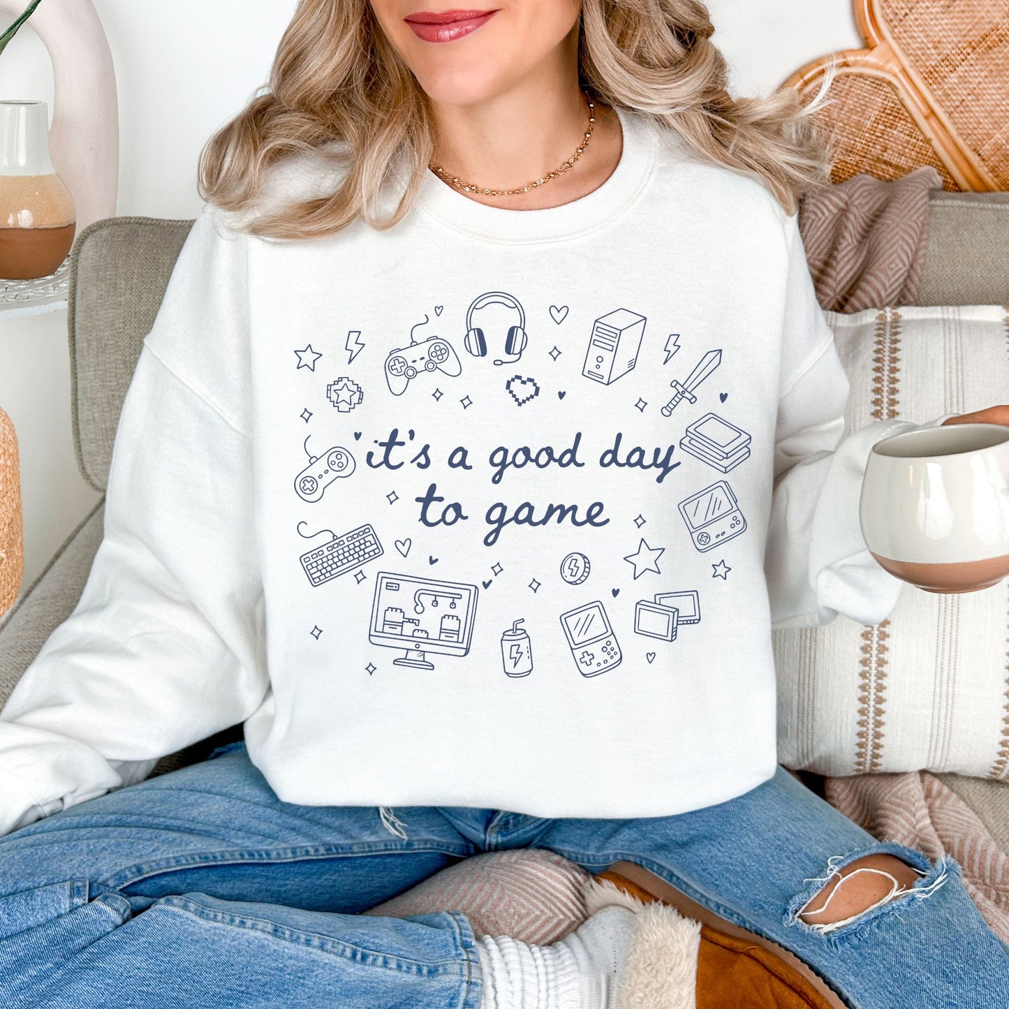 "Good Day To Game" graphic on clean bright white (white) Sweatshirt.