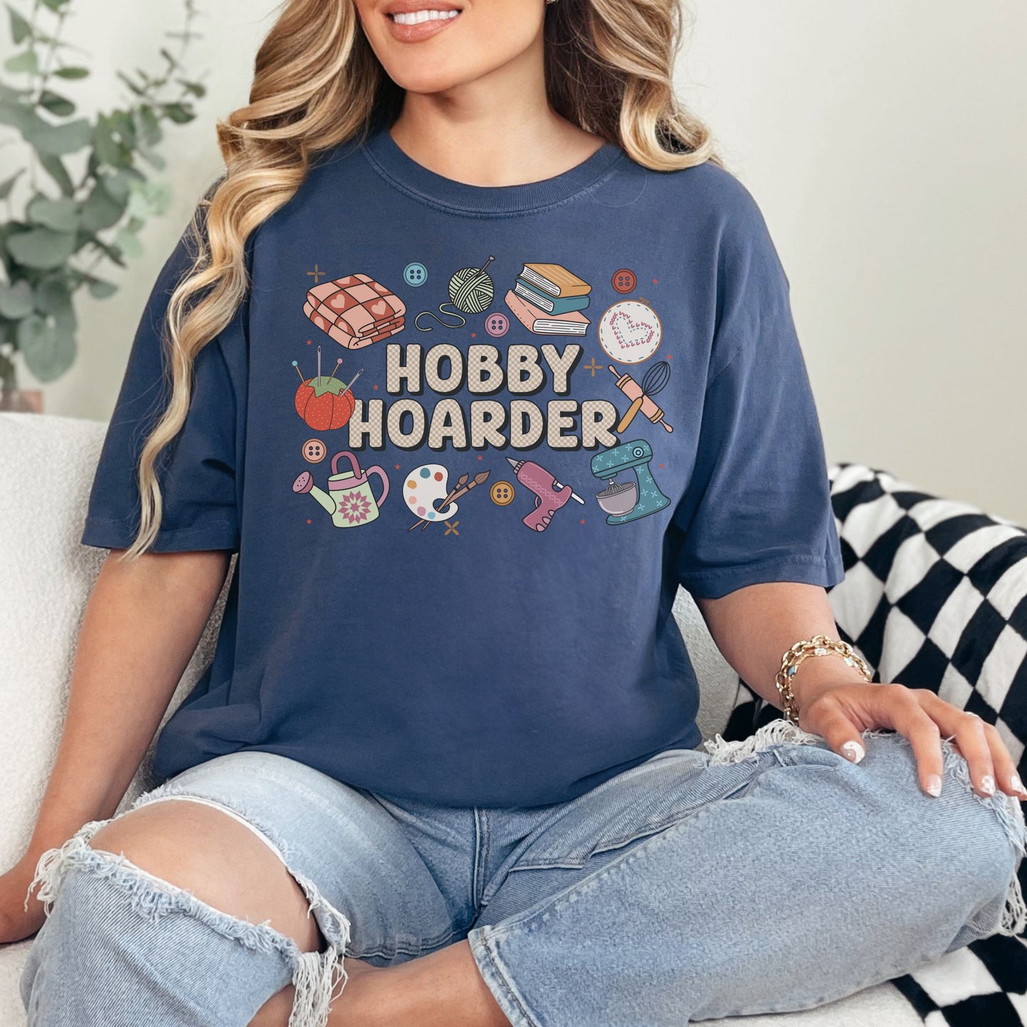 "Hobby Hoarder" graphic on deep navy blue (navy) t-shirt.