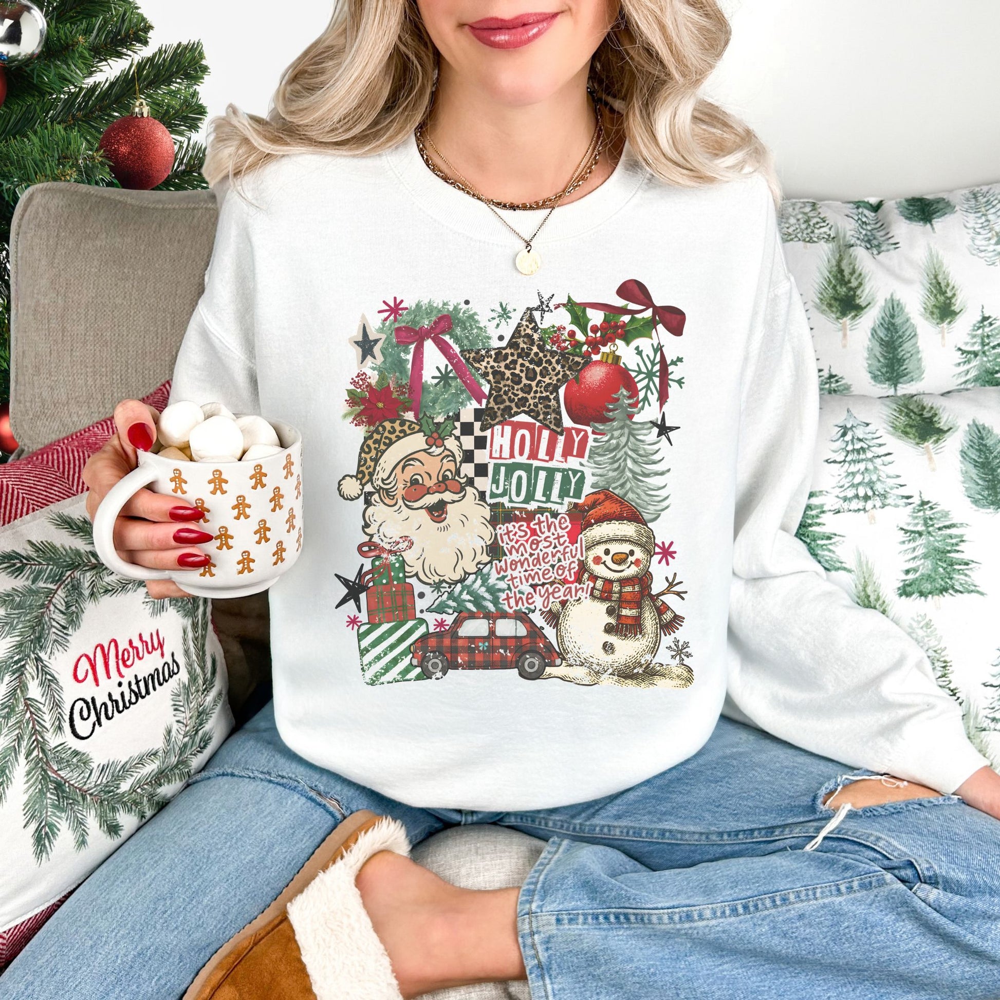 "Holly Jolly Distressed collage" on a white Gildan 18000 Sweatshirt.