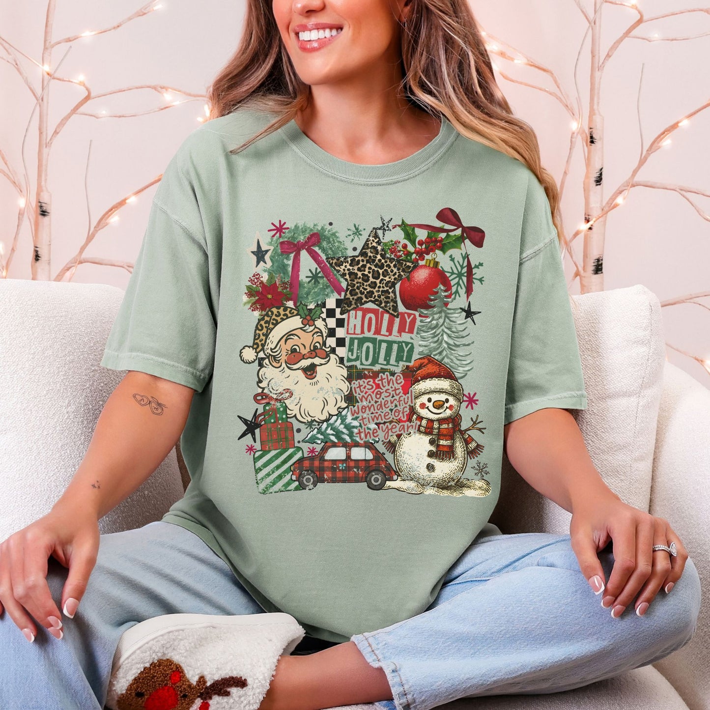 "Holly Jolly Collage" in muted teal-green (bay) on a Comfort colors 1717 T-shirt.