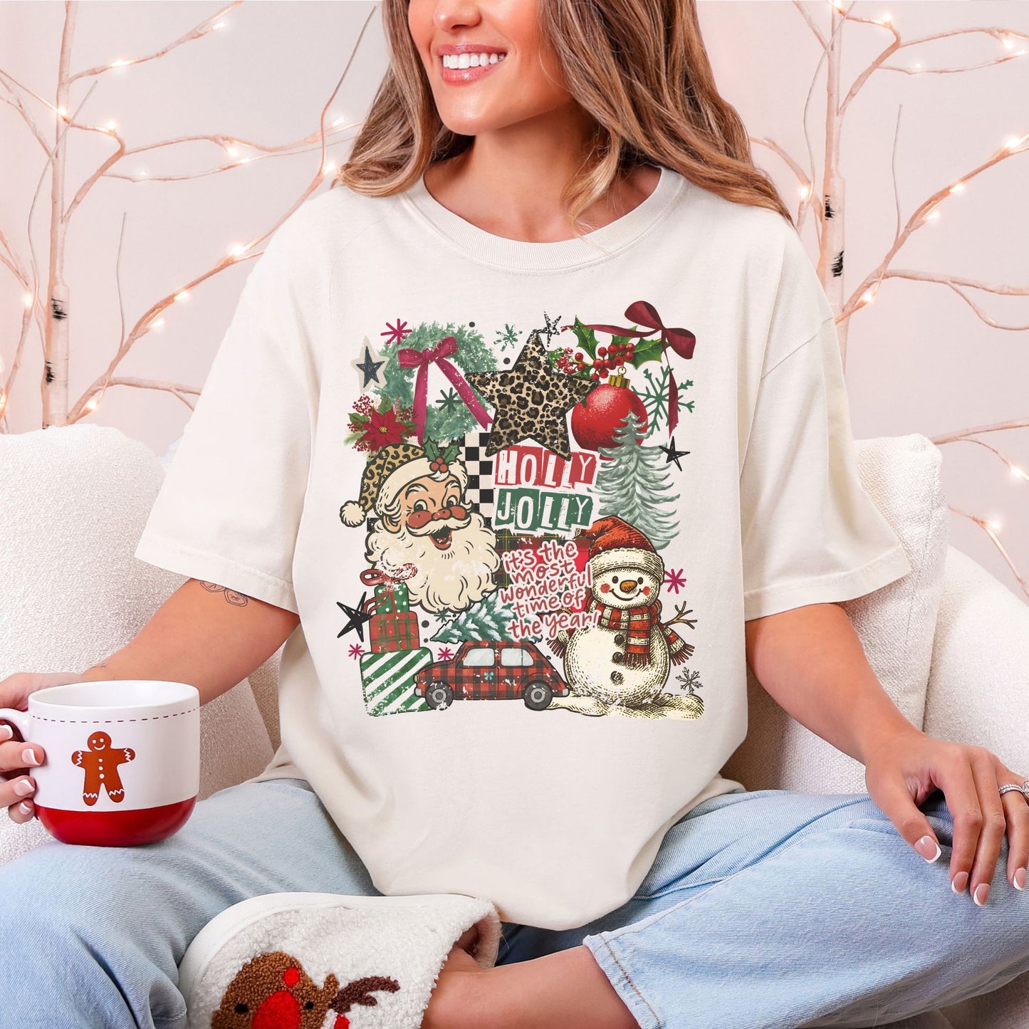 "Holly Jolly Collage" in soft off-white (ivory) on a Comfort colors 1717 T-shirt.