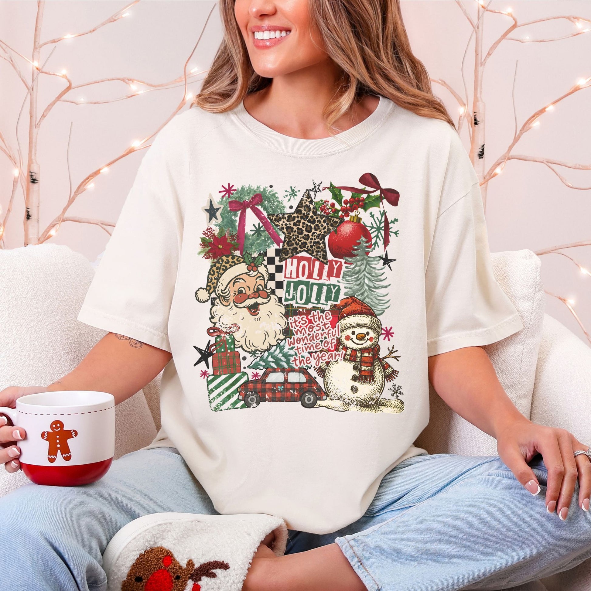"Holly Jolly Collage" in soft off-white (ivory) on a Comfort colors 1717 T-shirt.
