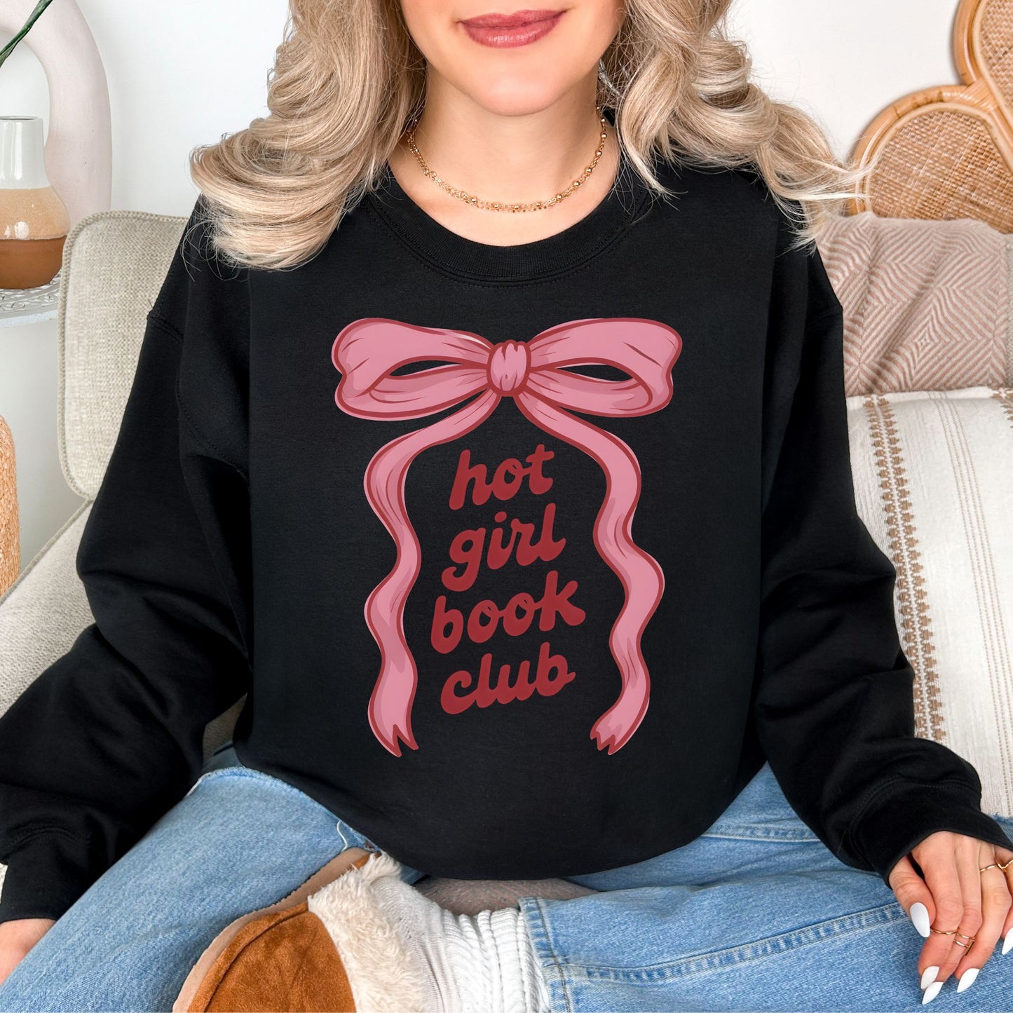 "Hot girl book club" graphic on a black sweatshirt.
