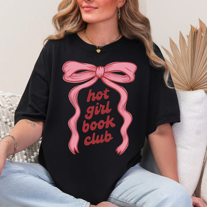 "Hot girl book club" graphic on a Black t-shirt.