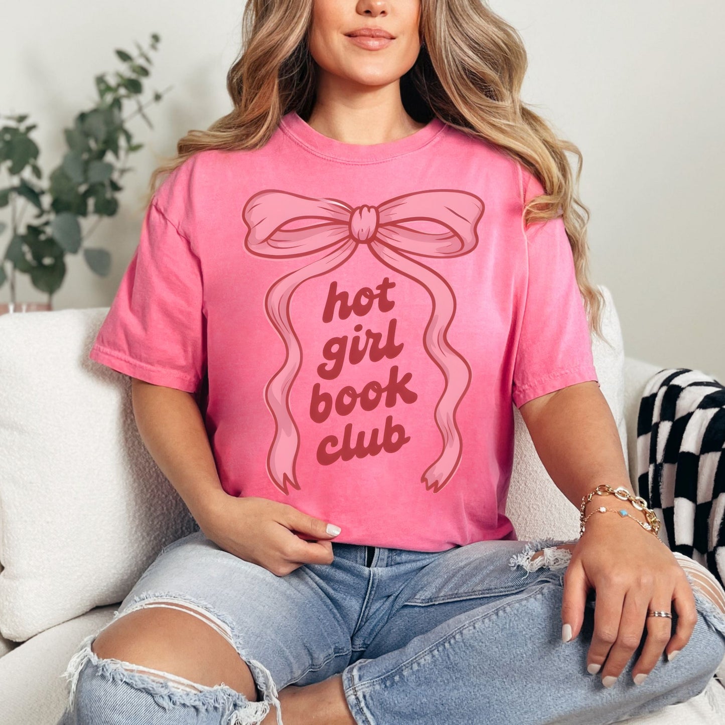 "Hot girl book club" graphic on bright raspberry pink (crunchberry) t-shirt.