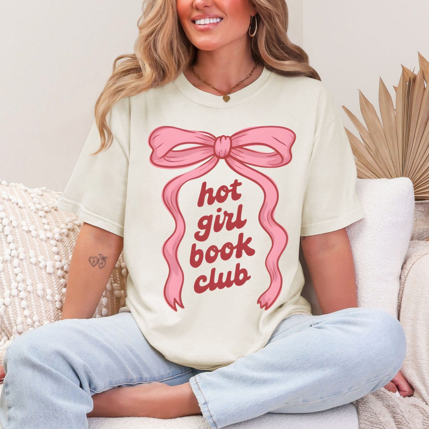 "Hot girl book club" graphic on soft off-white (ivory) t-shirt.