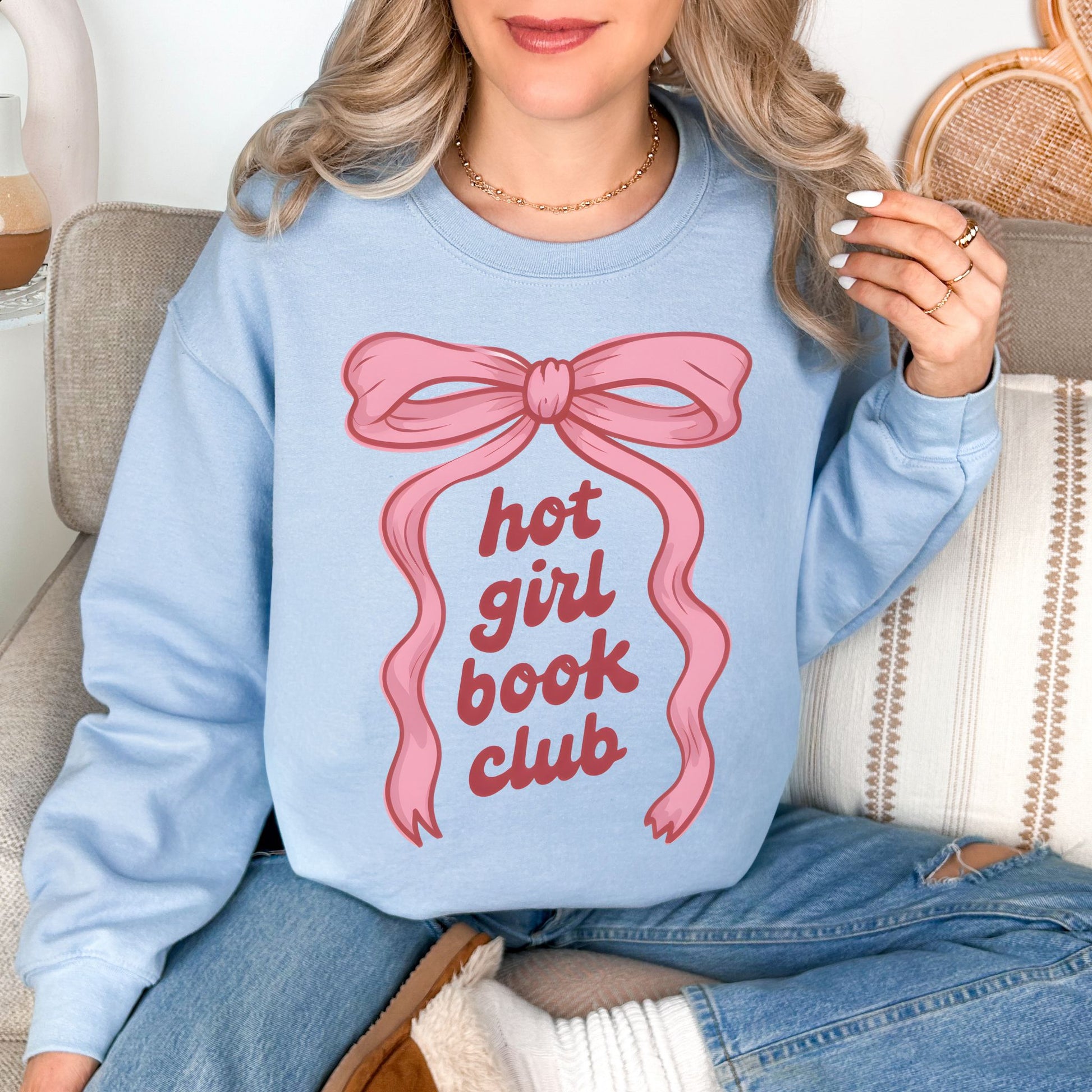 "Hot girl book club" graphic on pale soft blue (light blue) sweatshirt.