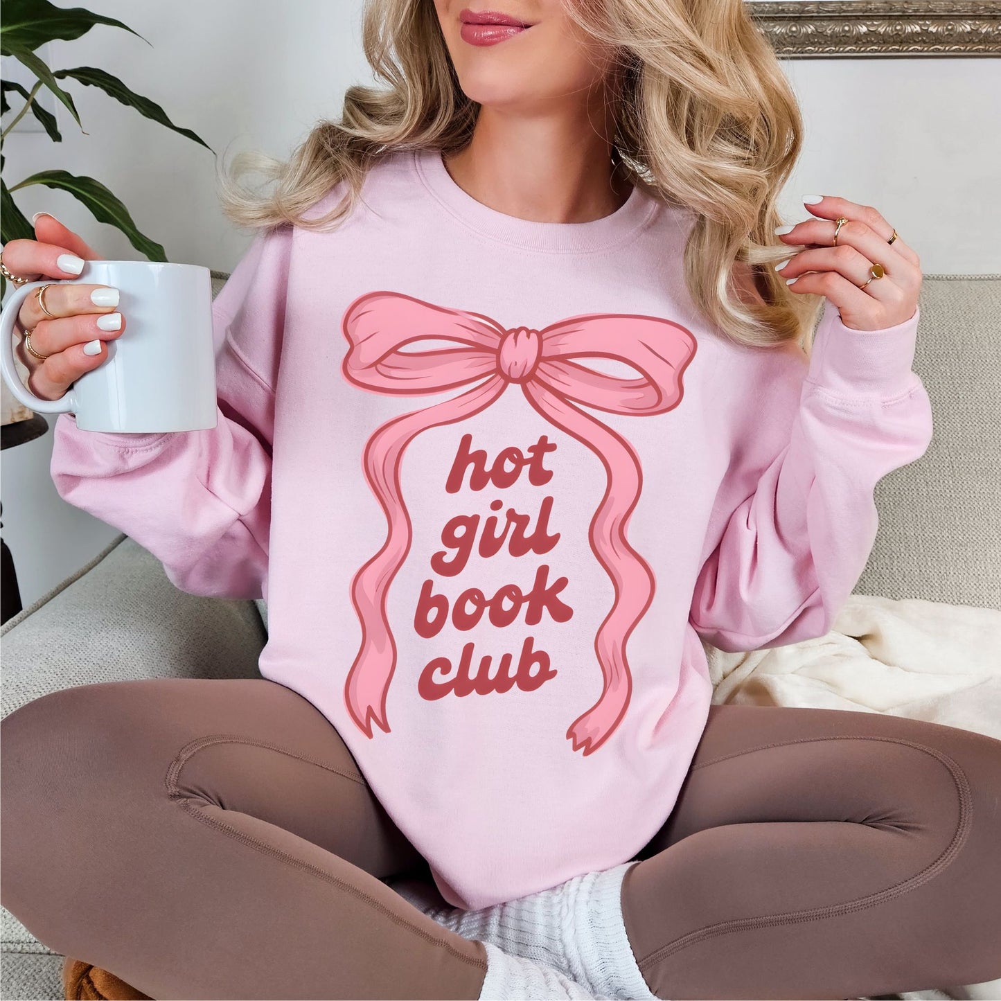 "Hot girl book club" graphic on soft pale pink (light pink) sweatshirt.