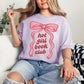 "Hot girl book club" graphic on soft purple (orchid) t-shirt.