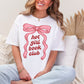 "Hot girl book club" graphic on bright white (white) t-shirt.