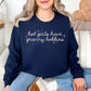 "Hot Girls Have Granny Hobbies" on a Gildan 18000 sweatshirt on dark blue (navy) featuring a cream script typography.