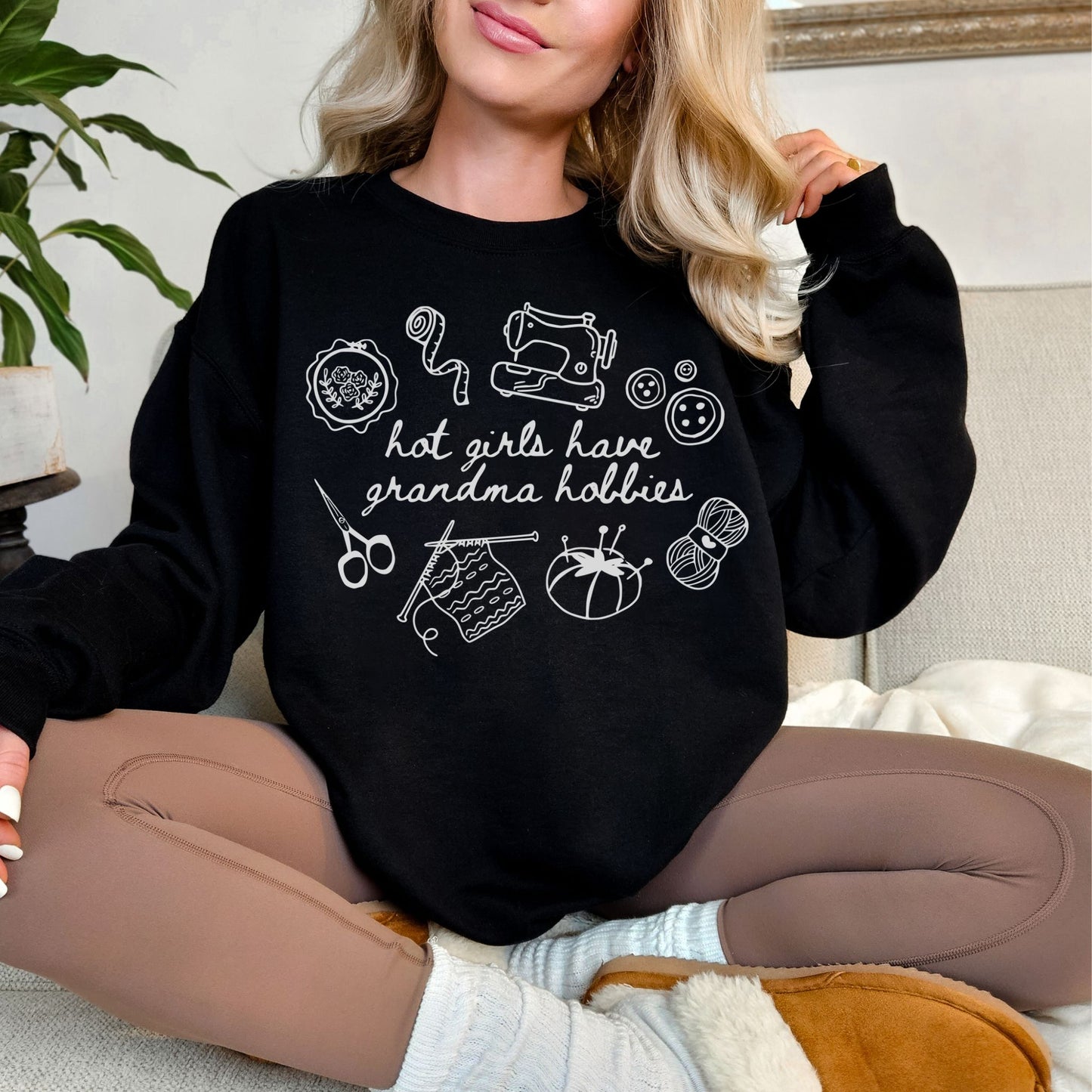 "Hot Girls Have Grandma Hobbies" graphic on deep black (black) Sweatshirt