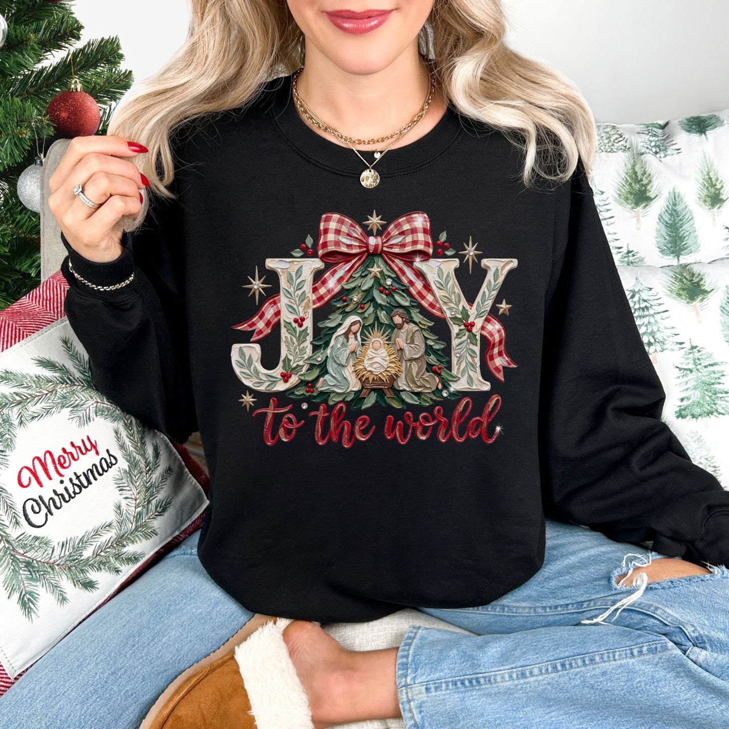 "Joy to world" graphic on a Black Gildan 18000 Sweatshirt.