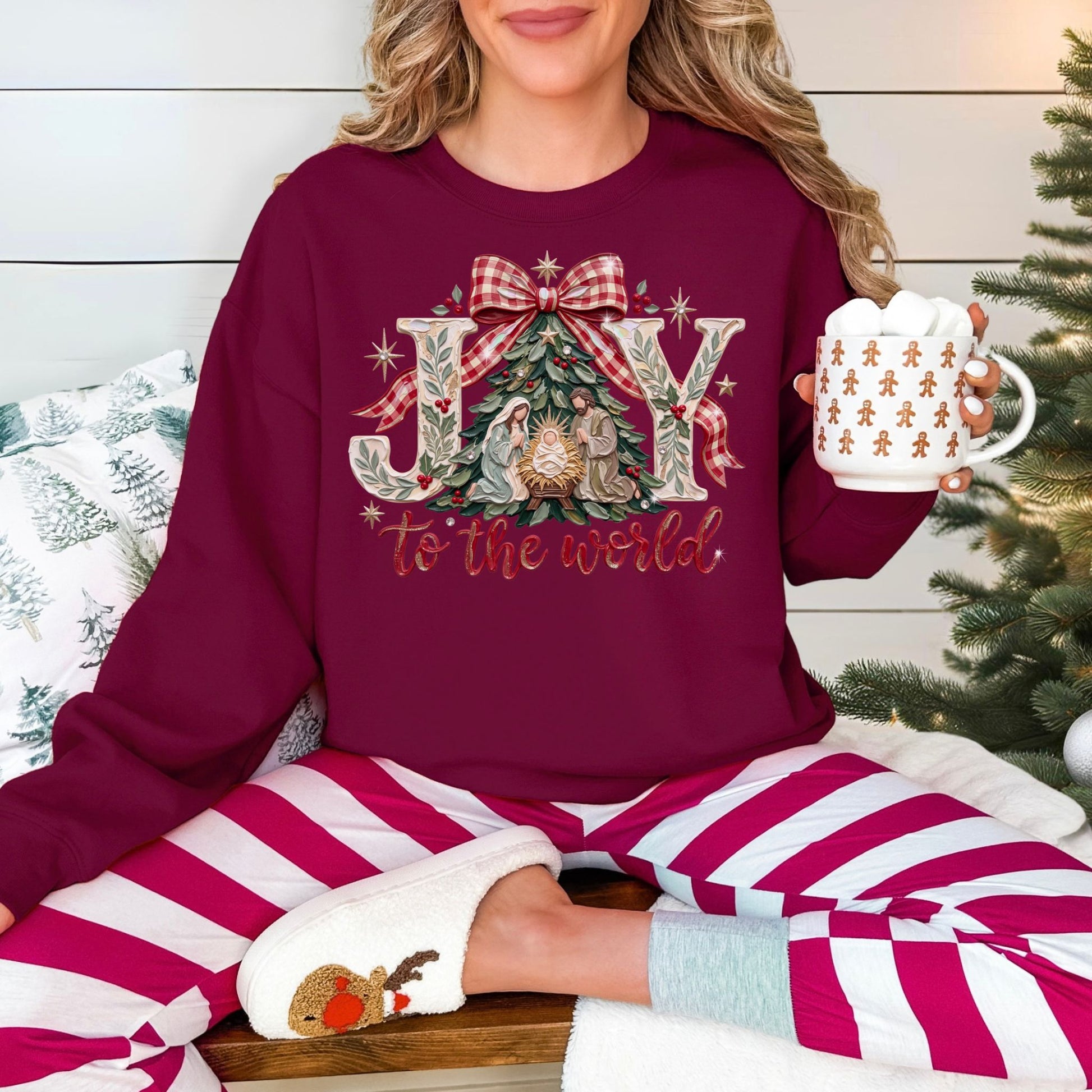 "Joy to world" graphic on deep red (maroon) Gildan 18000 Sweatshirt.