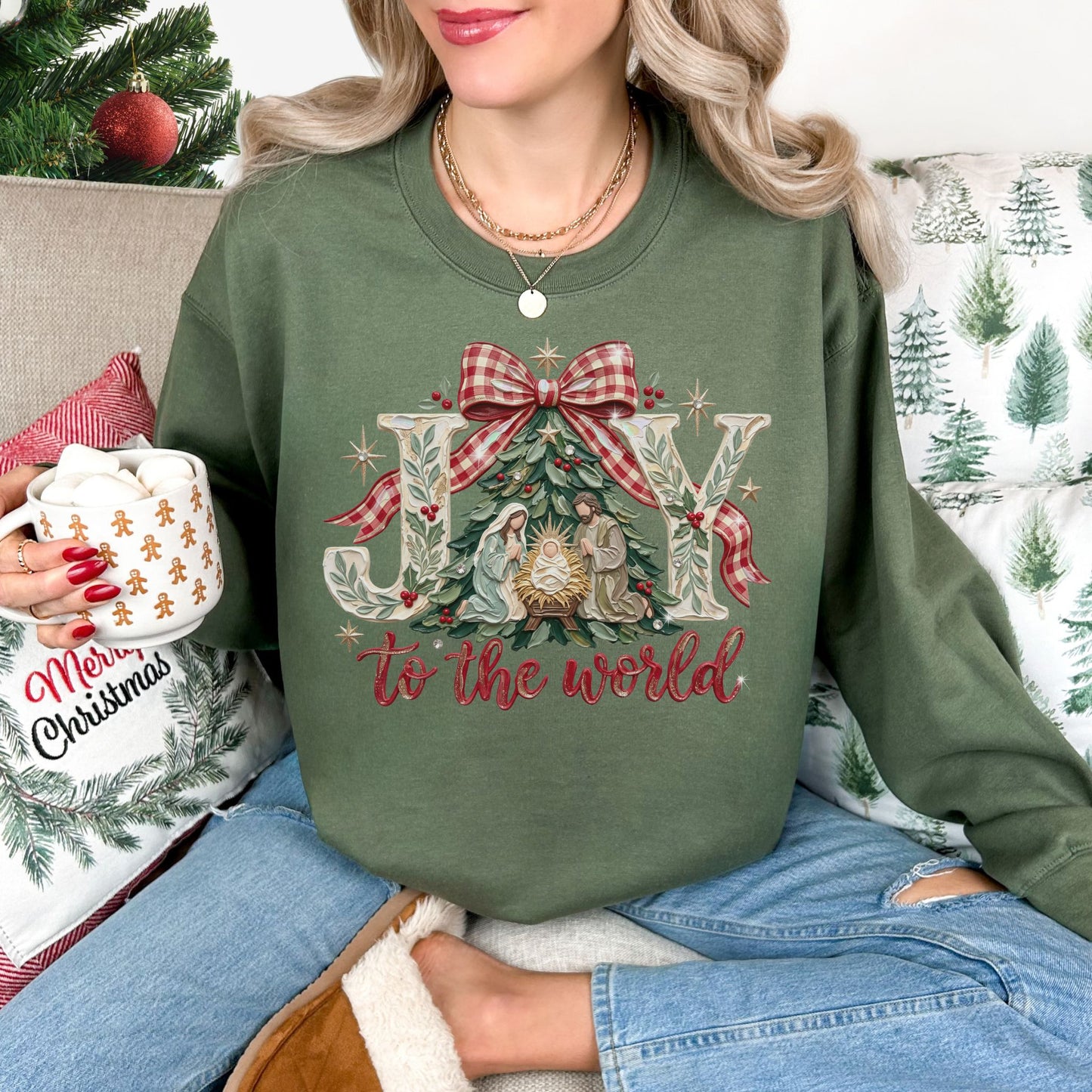 "Joy to world" graphic on muted olive green (military green) Gildan 18000 Sweatshirt.
