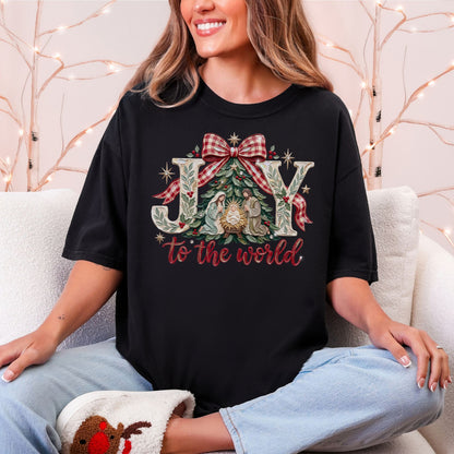 "Joy to the world" graphic on a black Comfort Colors 1717 t-shirt.