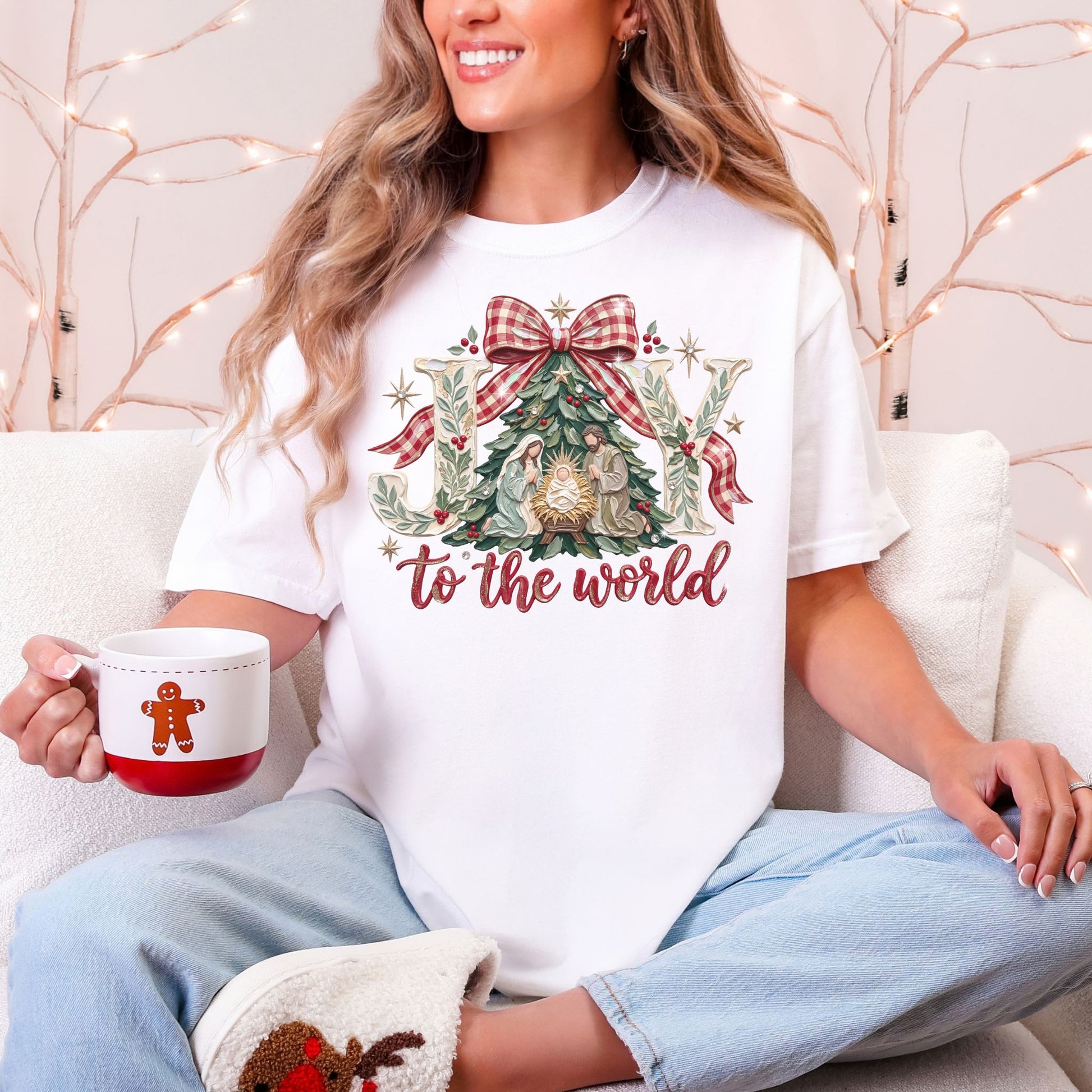 "Joy to the world" graphic on a white comfort colors 1717 t-shirt.