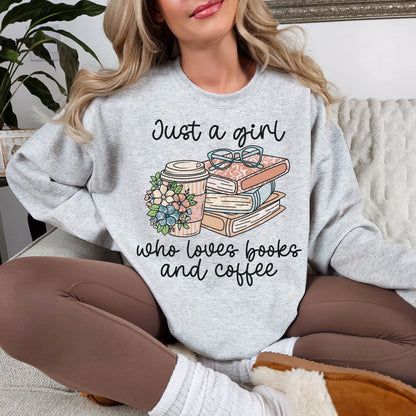 “Just a girl coffee and books" graphic on very light gray (ash) t-shirt.