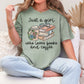 "Just a girl coffee and books" graphic on muted teal-green (bay) t-shirt.