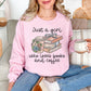 “Just a girl coffee and books" graphic on soft pale pink (light pink) sweatshirt.