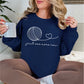 "Just One More Row" graphic on deep navy blue (navy) sweatshirt.