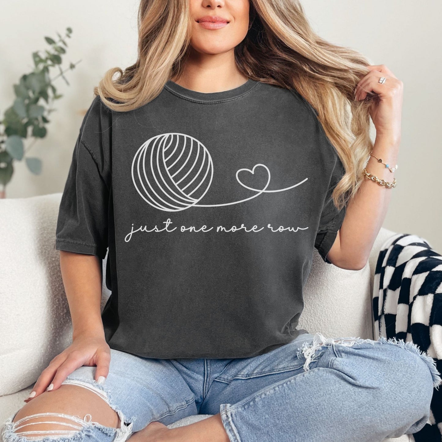 "Just One More Row" graphic on dark charcoal gray (pepper) t-shirt.