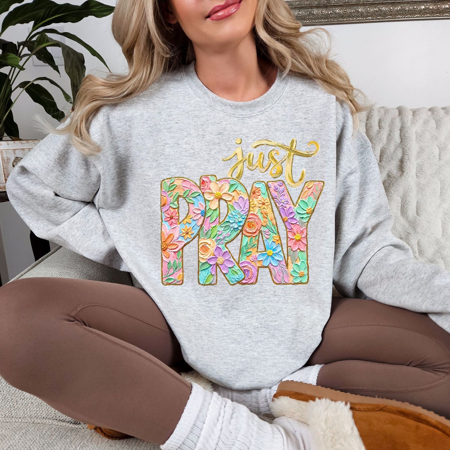 "Just Pray Floral Faux Textured" graphic on very light gray (ash) Sweatshirt