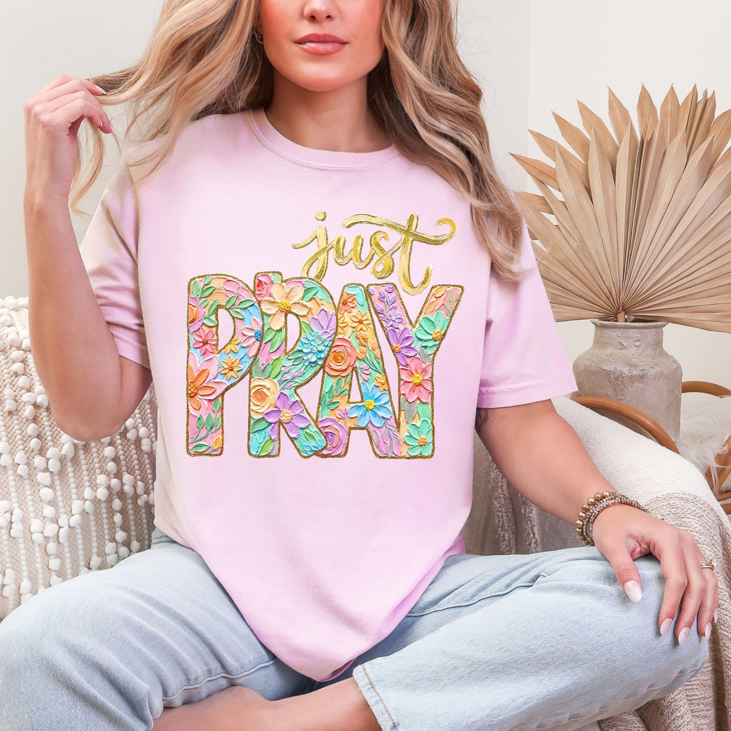 "Just Pray Floral Faux Textured" graphic on soft pink (blossom) T-Shirt.
