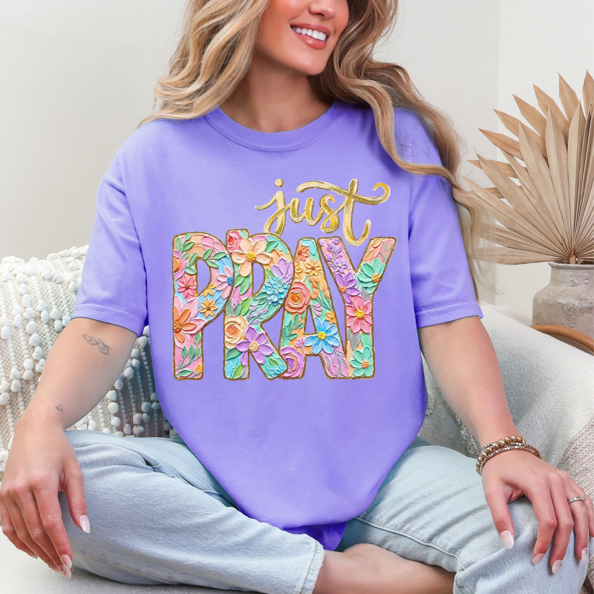 "Just Pray Floral Faux Textured" graphic on soft muted violet purple (violet) T-Shirt.