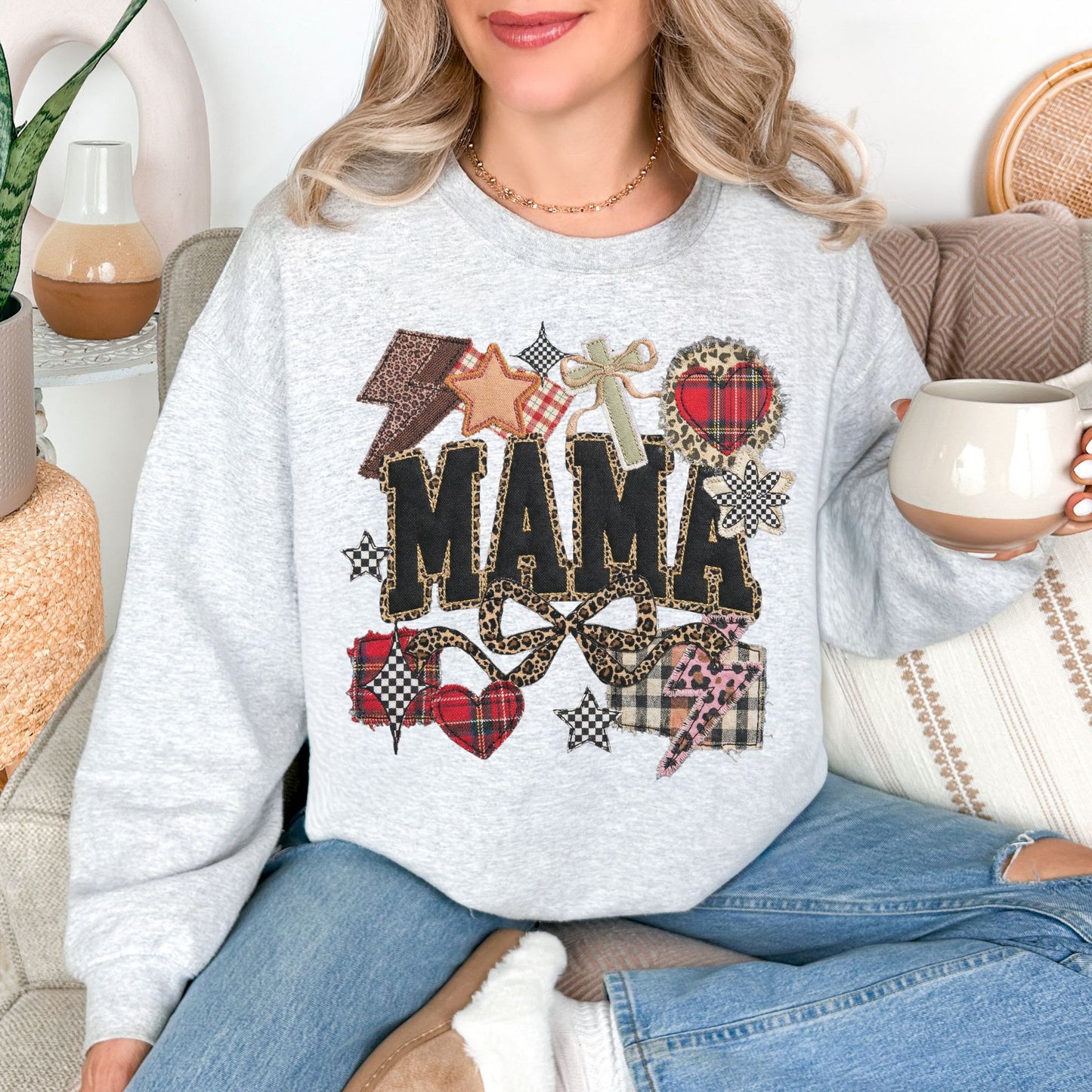"Leopard Mama Faux Embroidery" graphic on very light gray (ash) Sweatshirt.