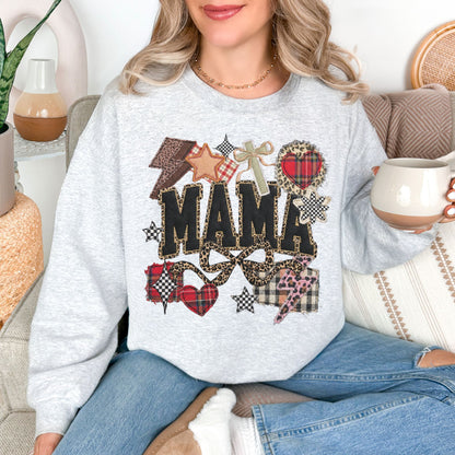 "Leopard Mama Faux Embroidery" graphic on very light gray (ash) Sweatshirt.