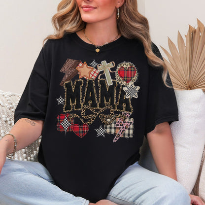 "Leopard Mama Faux Embroidery" graphic on a black t-shirt.