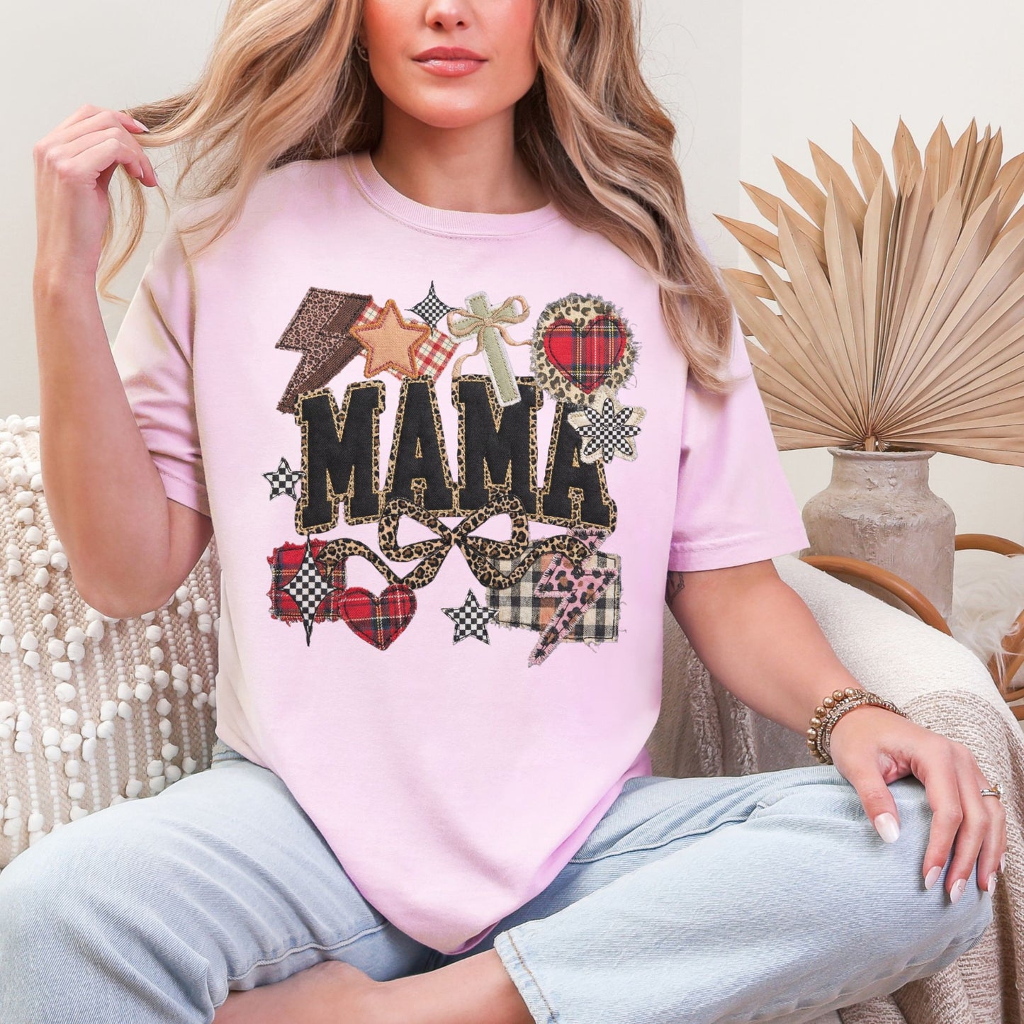 "Leopard Mama Faux Embroidery" graphic on soft pink (blossom) t-shirt.