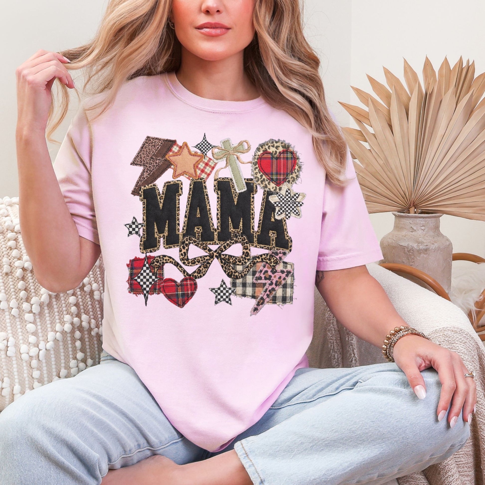 "Leopard Mama Faux Embroidery" graphic on soft pink (blossom) t-shirt.