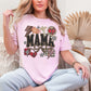 "Leopard Mama Faux Embroidery" graphic on soft pink (blossom) t-shirt.