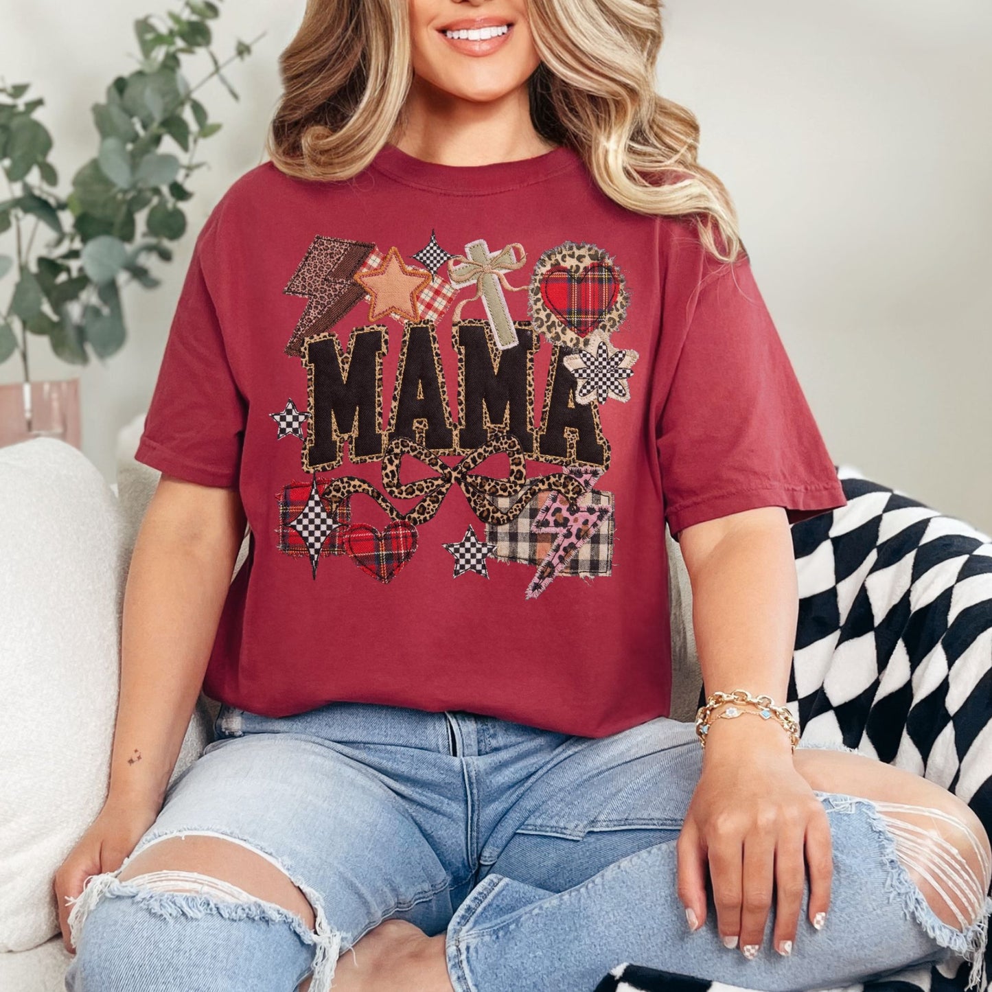 "Leopard Mama Faux Embroidery" graphic on muted brick red (chili) t-shirt.