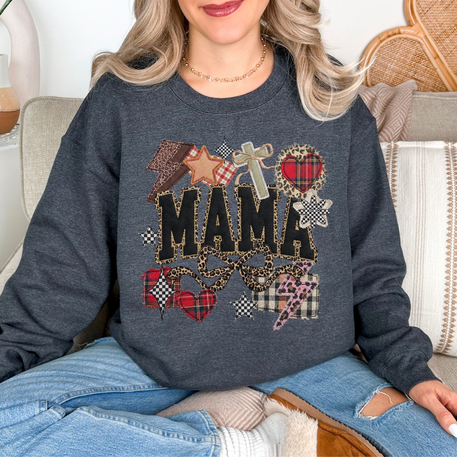 "Leopard Mama Faux Embroidery" graphic on deep heather gray (dark heather) Sweatshirt.