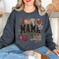 "Leopard Mama Faux Embroidery" graphic on deep heather gray (dark heather) Sweatshirt.