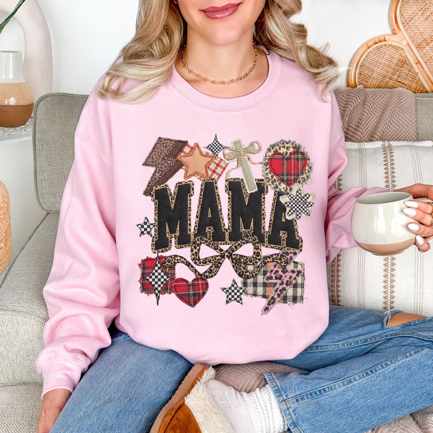 "Leopard Mama Faux Embroidery" graphic on soft pale pink (light pink) Sweatshirt.