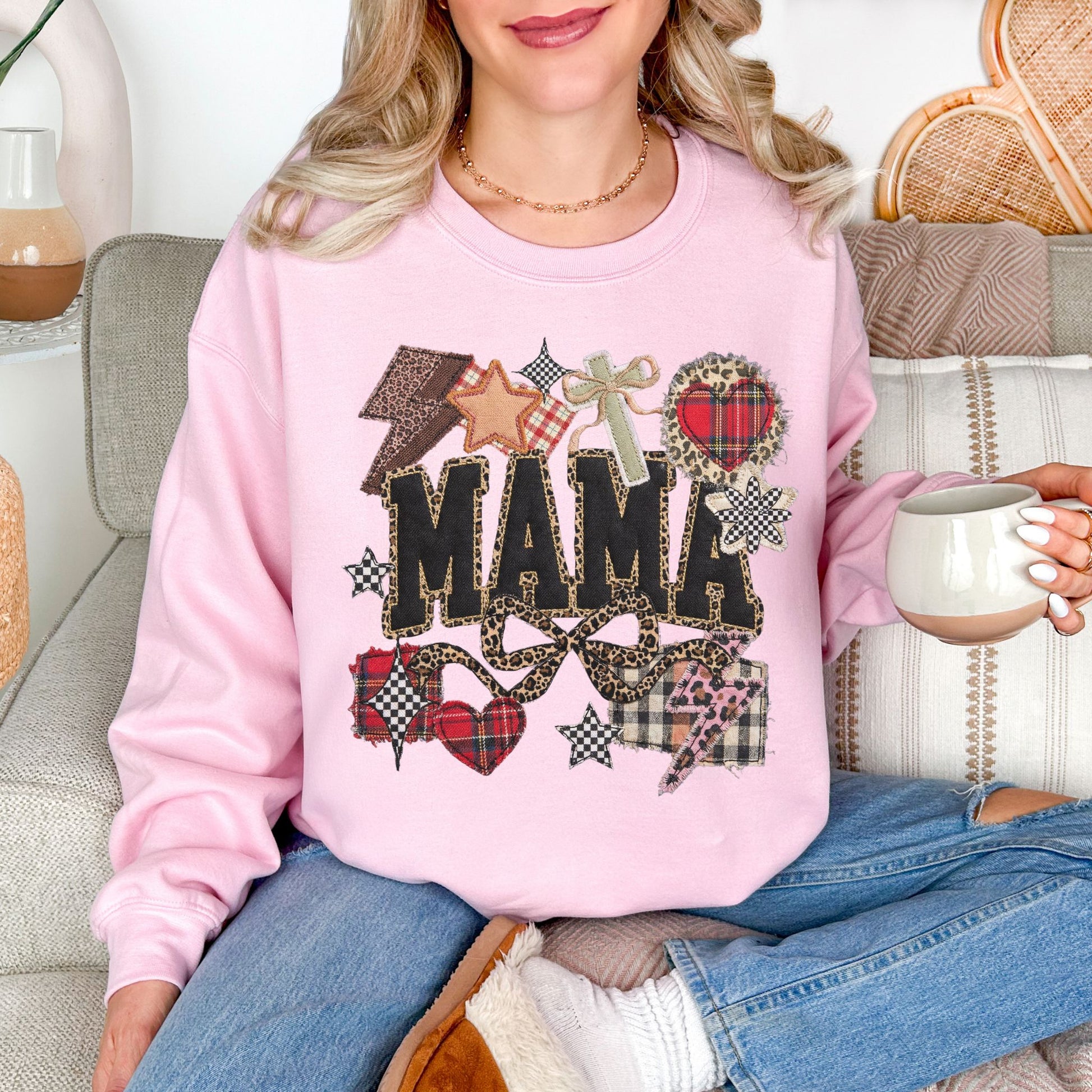 "Leopard Mama Faux Embroidery" graphic on soft pale pink (light pink) Sweatshirt.